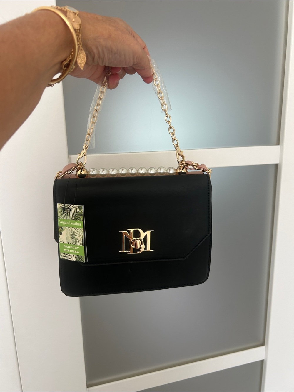 Badgley Mishka Vegan Leather Top-Handle Double sided Bag with Pearl Accent
